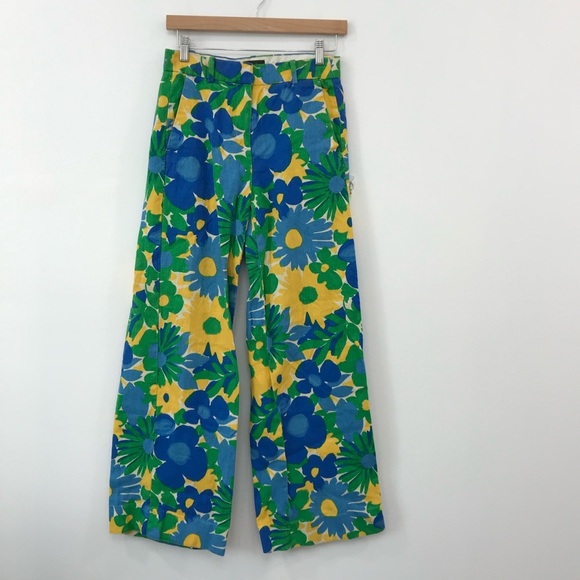 J. Crew Women’s 100% Linen Wide Leg Pants Floral Blue Green Yellow High Waist 2 - Picture 5 of 5